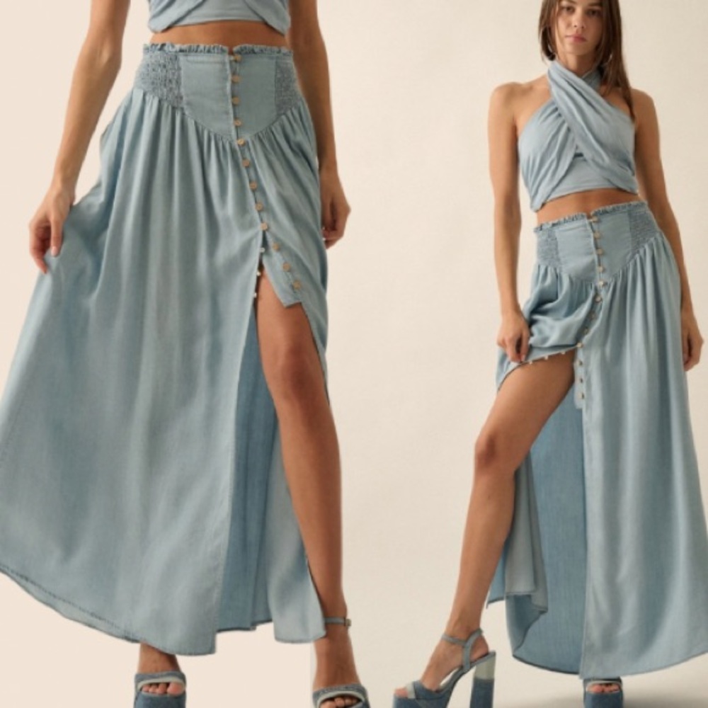 New Chambray Denim Smocked Maxi Skirt - Picture 1 of 8